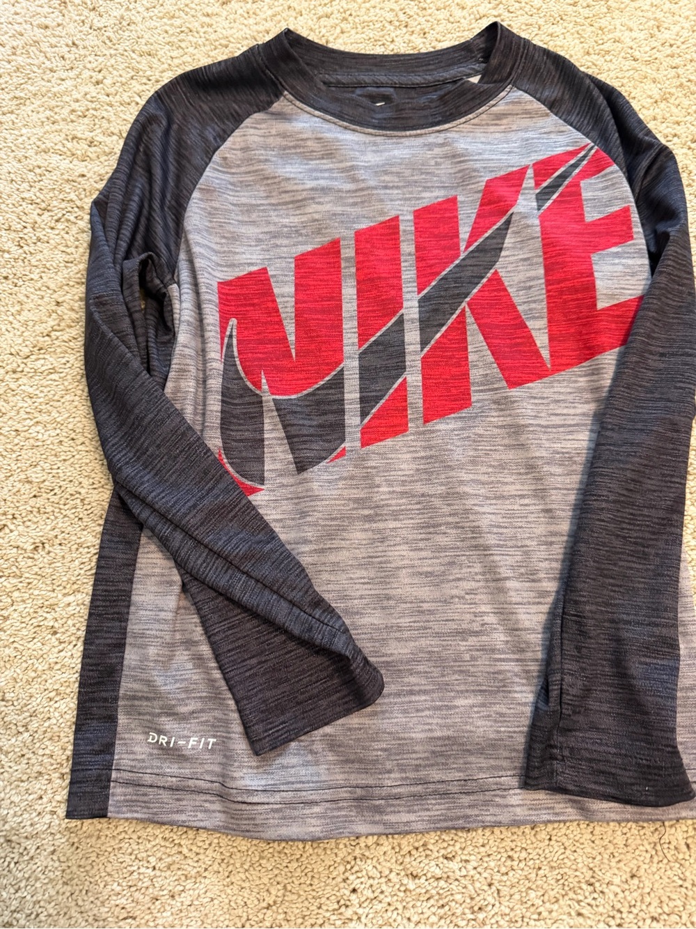 Nike Gray and Black Long Sleeve Tee with Red Graphic Logo